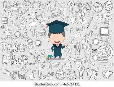Graduated boy pupils back of school background, drawing by hand vector