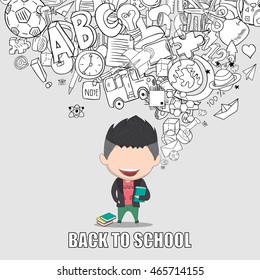 Graduated boy pupils back of school background, drawing by hand vector