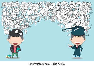 Graduated boy pupils back of school background, drawing by hand vector