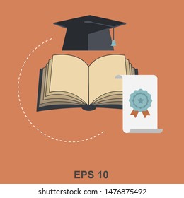 graduated cap, book and certificate icon colorful and isolated vector illustration