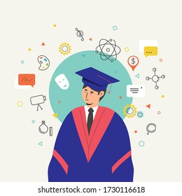 Graduated collage student choosing a specific academic major in the university Academic education concept College student choosing what to study Cartoon character isolated vector illustration
