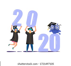 Graduated concept 2020 year, students wearing academic gown and graduation cap holding numbers in their hands. Flat Art Vector Illustration