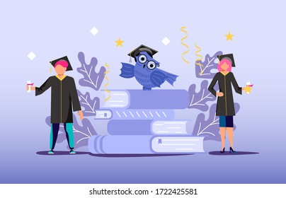 Graduated concept, tiny people students wearing academic gown and graduation cap celebrate graduation. A stack of textbooks and an owl in the background. Flat Art Vector Illustration
