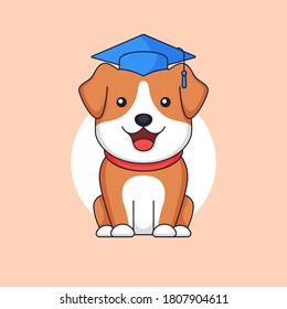 Graduated cute dog standing wear toga hat animal school vector outline illustration mascot