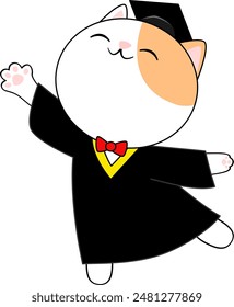 Graduated cute orange and white cat wearing a black graduation gown happily dancing ballet, cartoon style