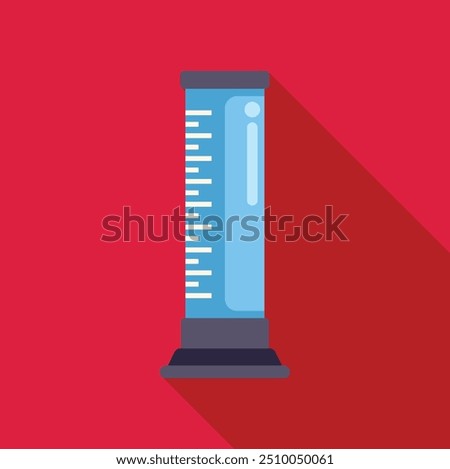 Graduated cylinder casting a long shadow is standing on a plain red background