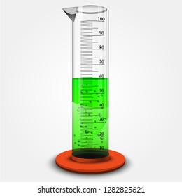 Graduated cylinder with fluid. Laboratory glassware or beaker. Chemical lab instruments. 