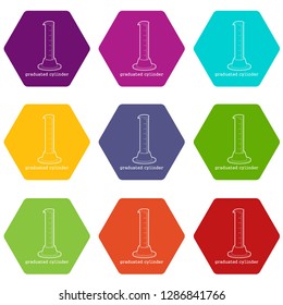 Graduated cylinder icons 9 set coloful isolated on white for web