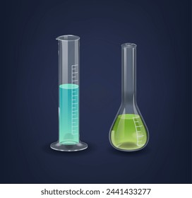 Graduated Cylinder and Kjeldahl Laboratory Flasks with Colorful Solutions. Essential Glassware For Chemical Experiments