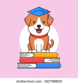 Graduated dog standing on top of stack book wear toga hat for animal school activity vector outline illustration mascot