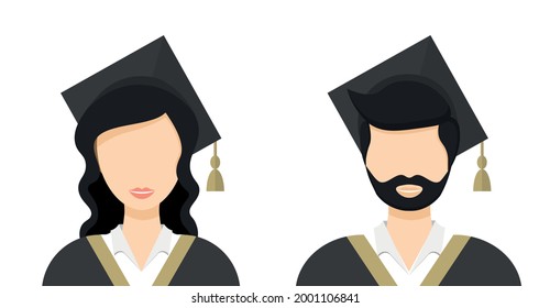 Graduated female and male in graduation gown. Graduated man and woman icons. Guy and girl in graduation caps, hats and gown vector icons. Isolated on white background. Graduation flat icons for design