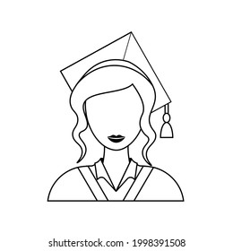 Icono vectorial plano de trazo femenino graduado. El estudiante lleva gorra y vestido académico. Icono aislado en fondo blanco. Niña con traje académico. Gorra de graduación y ropa. Icono de graduación.