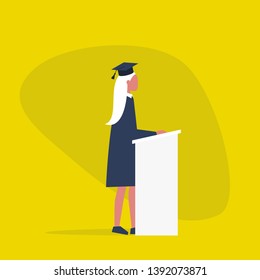 Graduated female student wearing a cap and a gown. Character standing behind the tribune / flat editable vector illustration, clip art