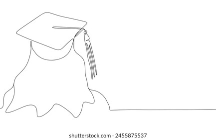 Chica graduada en gorra graduada una línea continua. Tapa graduada Line Art. Arte vectorial dibujado a mano.