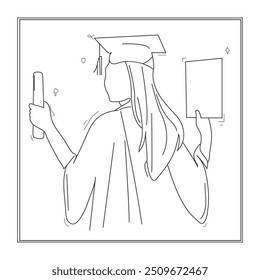 Garota graduada em cap graduado uma linha contínua. Boné graduado em arte. Arte vetorial desenhada à mão.