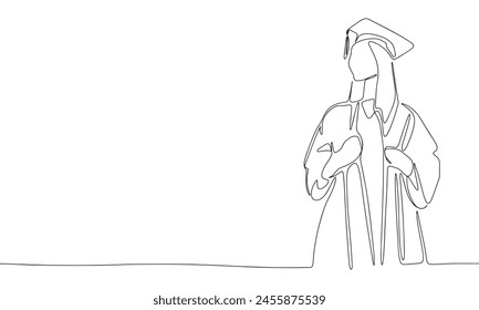 Chica graduada una línea continua. Line art mujer graduada. Arte vectorial dibujado a mano.