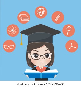 Graduated girl is Reading a book filled with knowledge vision by happiness.