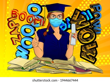 Graduated girl showing a thumbs up sign and a diploma. Girl wearing face mask and graduation cap, coming out from an opened book. College University or High School Graduation ceremony concept.