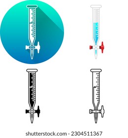 Graduated Glass Tube Burette Scale Laboratory Equipment, Set of Flat Long Shadow, Color, Black-White Silhouette, Line Art Icon Symbol Logo Isolated on White Background