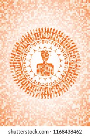 graduated icon inside abstract emblem, orange mosaic background