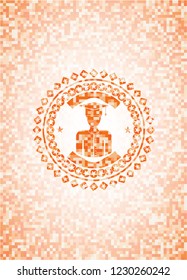 graduated icon inside abstract emblem, orange mosaic background