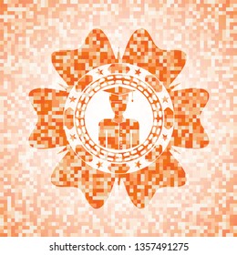 graduated icon inside abstract emblem, orange mosaic background