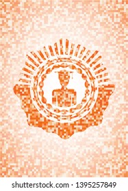 graduated icon inside abstract emblem, orange mosaic background