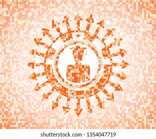 graduated icon inside abstract orange mosaic emblem