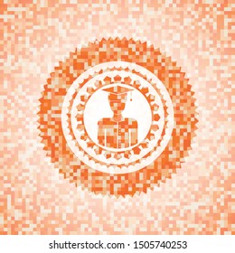 graduated icon inside abstract orange mosaic emblem