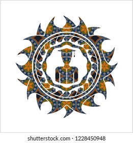 graduated icon inside arabic style emblem. Arabesque decoration.