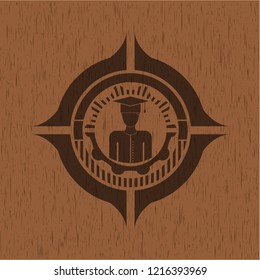 graduated icon inside badge with wood background