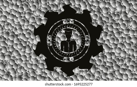 icono graduado dentro del emblema negro con fondo de burbujas grises. Ilustración vectorial. Detallado.