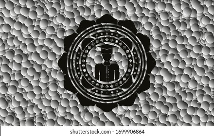 icono graduado dentro del emblema negro con fondo de burbujas grises. Ilustración vectorial. Detallado.