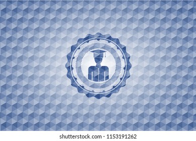 graduated icon inside blue badge with geometric pattern.
