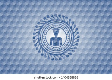 graduated icon inside blue badge with geometric pattern.