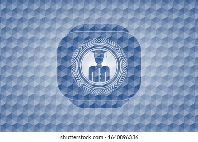 graduated icon inside blue badge with geometric pattern background.