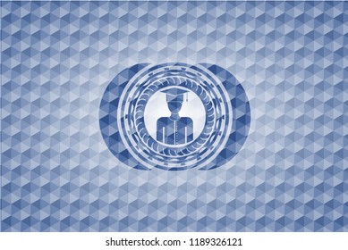 graduated icon inside blue emblem or badge with geometric pattern background.
