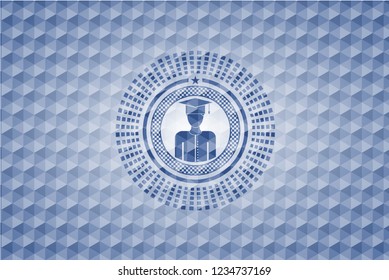 graduated icon inside blue emblem with geometric pattern.