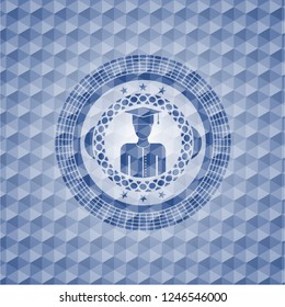 graduated icon inside blue emblem with geometric pattern.