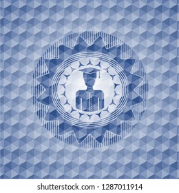 graduated icon inside blue hexagon badge.