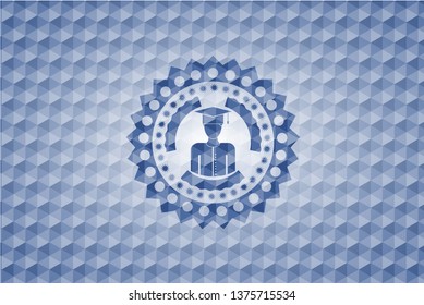 graduated icon inside blue hexagon badge.