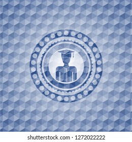 graduated icon inside blue polygonal emblem.