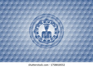 graduated icon inside blue polygonal emblem. 