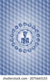 graduated icon inside blue polygonal emblem. 