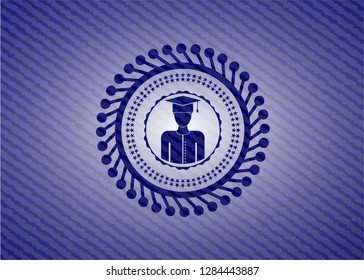 graduated icon inside emblem with denim high quality background