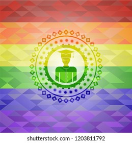 graduated icon inside emblem on mosaic background with the colors of the LGBT flag