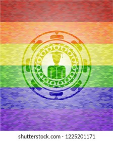 graduated icon inside emblem on mosaic background with the colors of the LGBT flag