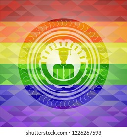 graduated icon inside emblem on mosaic background with the colors of the LGBT flag