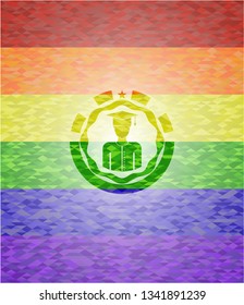 graduated icon inside emblem on mosaic background with the colors of the LGBT flag