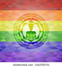 graduated icon inside emblem on mosaic background with the colors of the LGBT flag. 